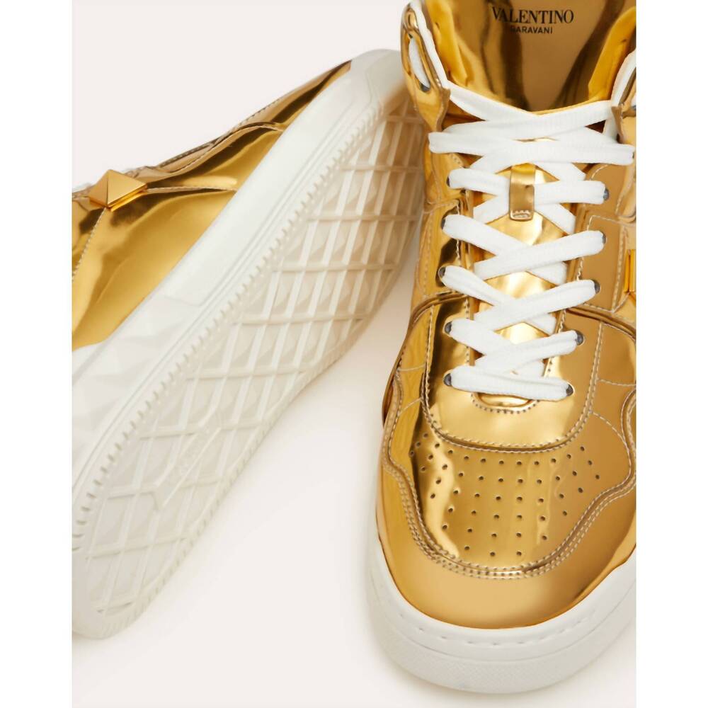 NEW VALENTINO men's stud mirror effect synthetic fiber mid-top sneakers in gold - Picture 5 of 6